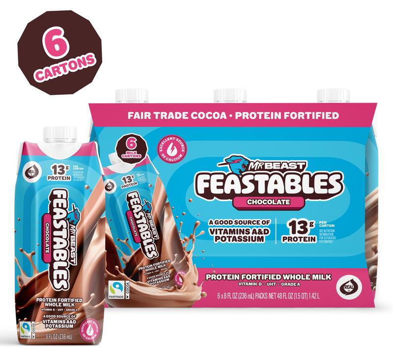 Feastables by MrBeast - Chocolate Milk – Protein-Packed Real, Whole Milk, Made with Protein and Vitamins A&D, 13g Protein, 230 Calories, Fairtrade Certified, Kosher, Ready-to-Drink, Shelf-Stable