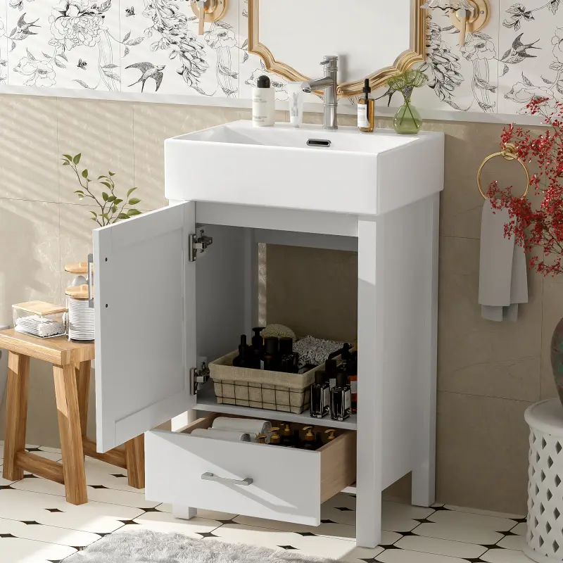 20.28'' White Modern Bathroom Vanity with Ceramic Sink, Solid Wood Frame, and Drawer – Ideal for Small Bathrooms. WL