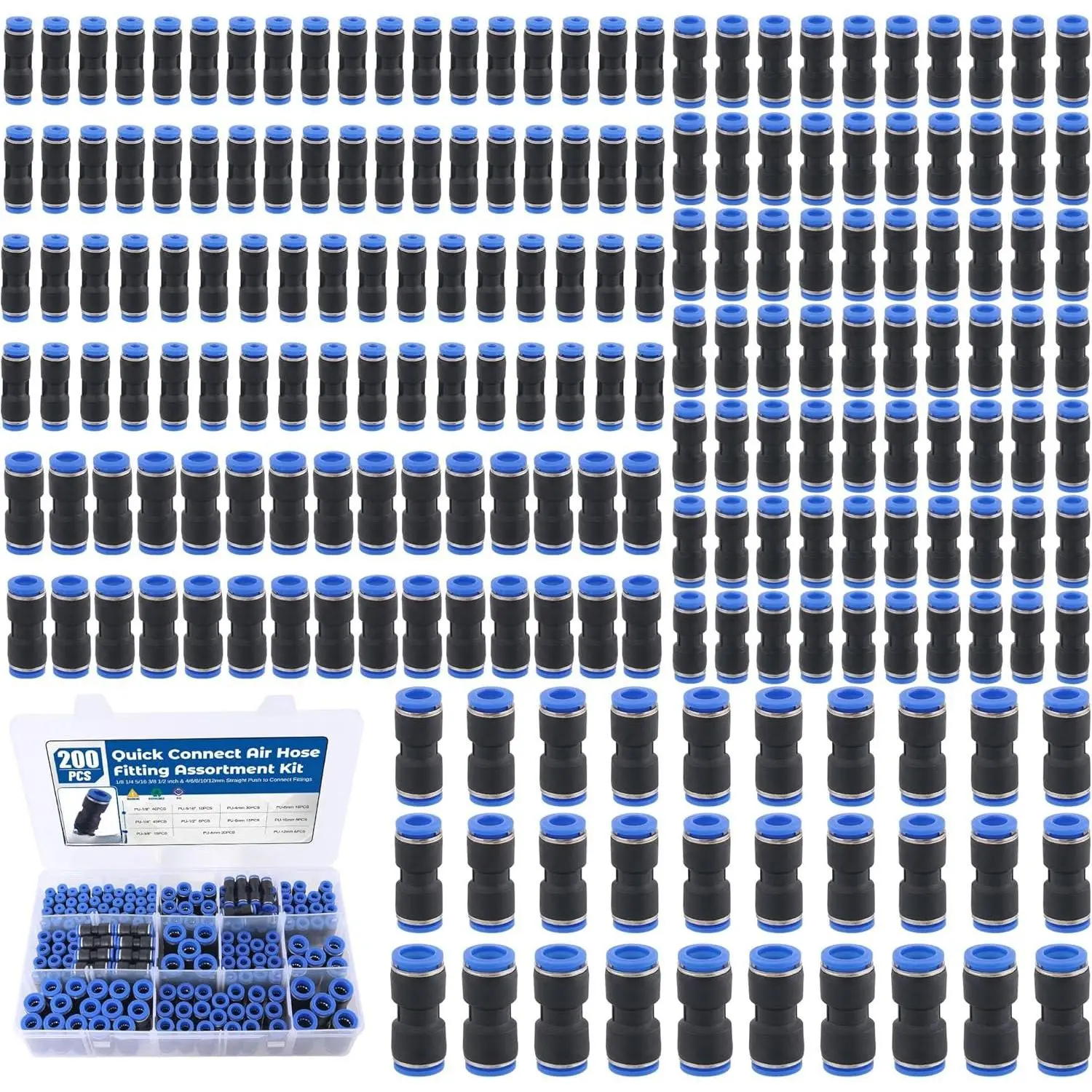 200 count Quick Connect Air Hose Fittings,1/8",1/4",5/16",3/8",1/2" & 4/6/8/10/12mm Straight Push to Connect Fittings,Quick Release Pneumatic Air Line Fitting