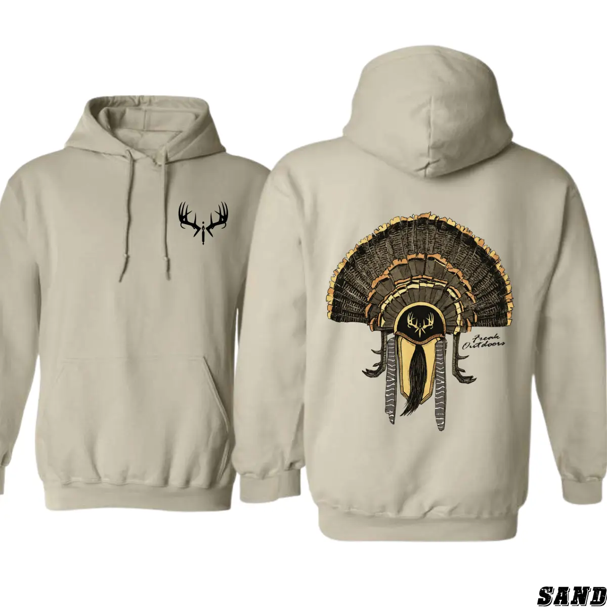 Men's Unisex Graphic Hoodie Sweatshirt - Soft Fleece Spandex Long Sleeve Pullover Top, Turkey Fan Back Print, Antler Chest Logo, Stretchy Casual Fall Outdoor Gear for Hunters, Sweatshirts, Tops, Classic