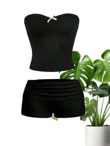 Cute Chic Summer Halter Top Matching Set, Slimming Textured Plain Sleeveless Crop Blouse, Comfortable Shorts Two-Piece, Casual Women's Clothing