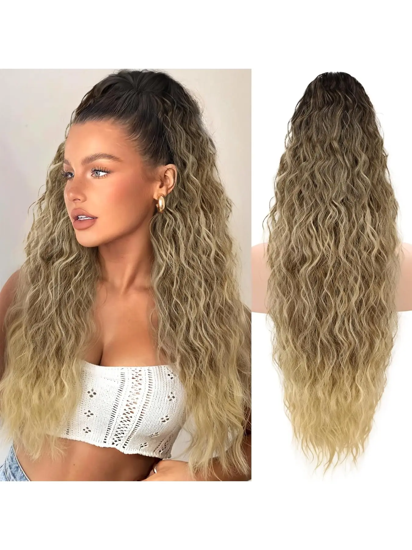 Extra Long Water Wave Synthetic Hair Extension, Loose Corn Curl Clip-In Ponytail, Suitable for Daily Wear, Women's Hairstyle Accessory, Ponytail Extensions