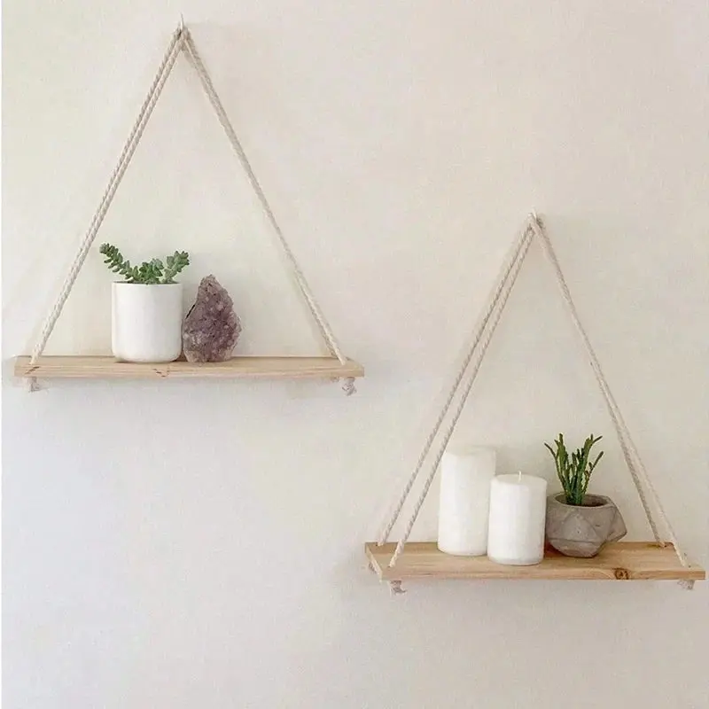 Wooden Wall-Mounted Floating Shelf with Hemp Rope for Plants and Decorative Storage