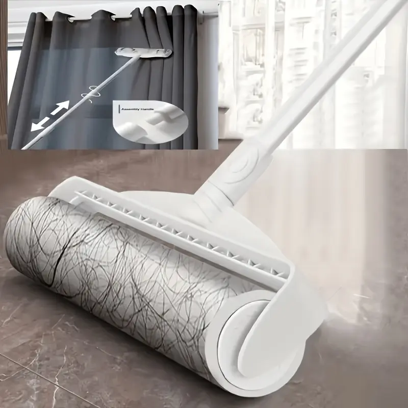 A Pet Hair Removal Tool Featuring A 49-Inch Extendable Handle, Designed for Effectively Cleaning Lint And Dust From for Home Surfaces, Sofas, And Areas Where Pets Frequent. It Comes In White And Includes A Tear-Off Design for Easy Use