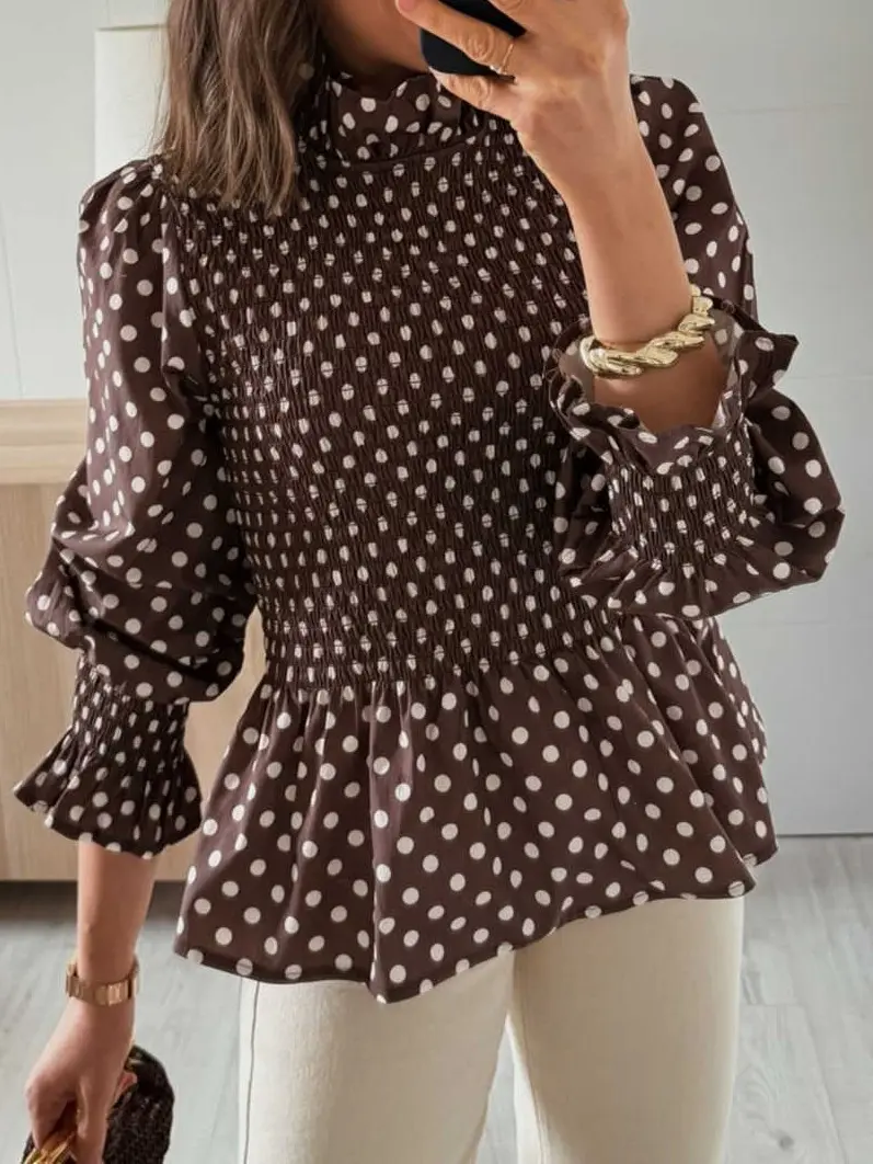Women’s Polka Dot Cotton Blend Shirred High Neck Blouse - Long Sleeve Casual Regular Fit Top with Ruffle Cuffs, Ruffle Hem, Vintage Inspired Relaxed Design for Everyday, Weekend Wear - Tops for Women, Blouses For Women