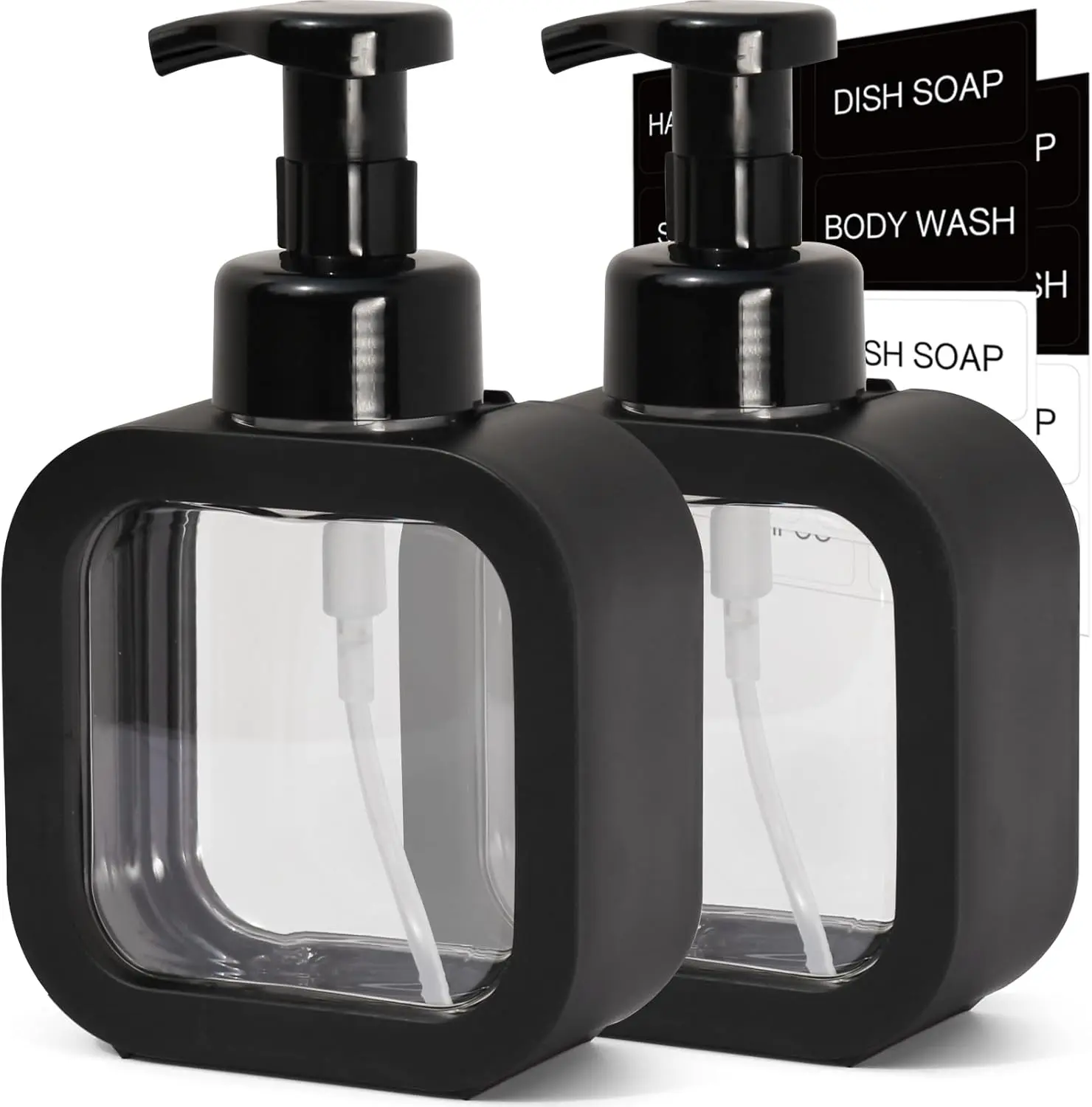 Foaming Soap Dispenser, 2 Pack 300ml (10oz) Plastic Refillable Foaming Hand Soap Dispenser with 16 count  Labels,  Pump Bottle for Bathroom and Kitchen (Black)