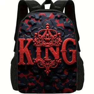 Single Piece King Crown Print Backpack Durable 600D Oxford Cloth School Bag Adjustable Breathable Strap Large Capacity Fits 15in Laptop for Kids Teens School Travel Outdoor Use