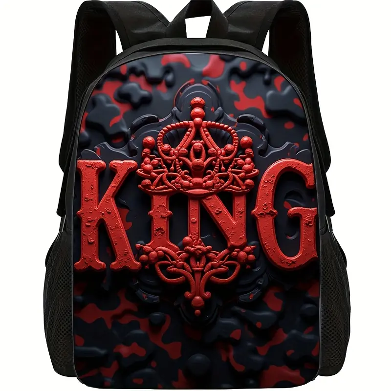 Single Piece King Crown Print Backpack Durable 600D Oxford Cloth School Bag Adjustable Breathable Strap Large Capacity Fits 15in Laptop for Kids Teens School Travel Outdoor Use