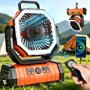 20,000 mAh rechargeable camping fan with light, dual motors, 4 speeds, hook, remote control, LED light, and power bank—portable, ideal for emergencies and essential for outdoor camping