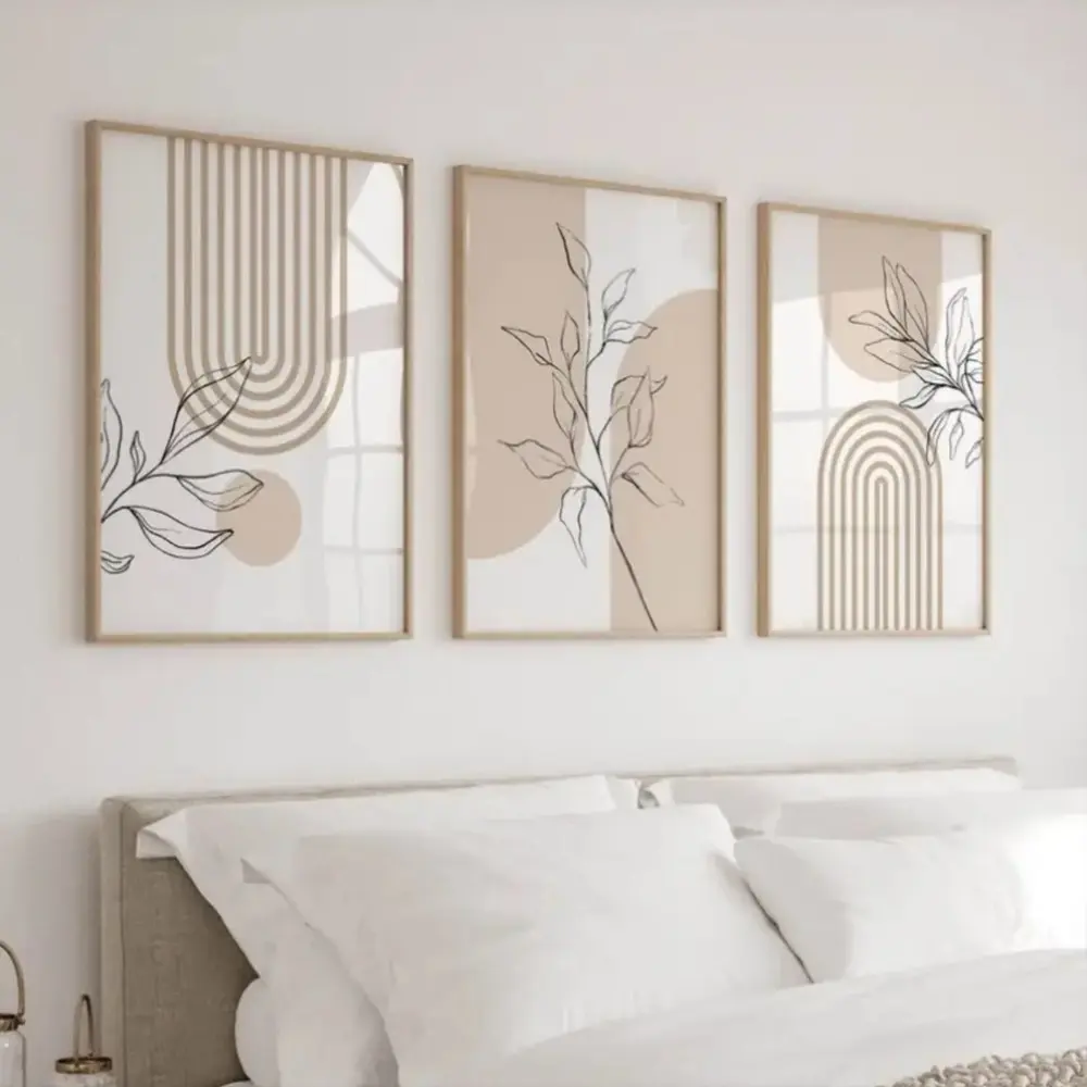 3 Pieces Neutral Minimalist Modern Boho Botanical Art, Japanese Beige Style Wall Mural, Simple Zen Home Decor, Eclectic Gallery Art, Soft Tone Painting, Cool Wall Art, Wall Decor for Living Room and Tea Room, Framed or Unframed.