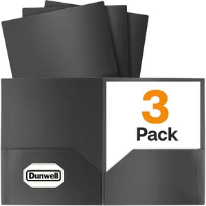 Dunwell Plastic Folders with Pockets (Black, 3 Pack), 2 Pocket Poly Folders for School, Home or Office, Durable Acid-Free Poly, Includes Removable Adhesive Labels