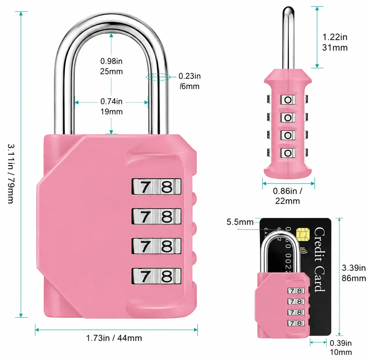 4-Digit Combination Gym Locker Lock, Heavy-Duty Resettable Pink Padlock, Keyless Lock for Fitness Center, Sports & Workout Lockers