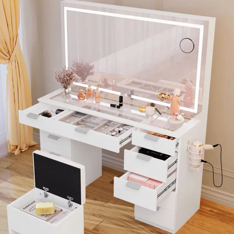 Vanity Set Led Lighted with Sliding Mirror Makeup Dressing Table 11 Drawer
