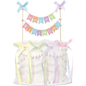 11 Pcs Pastel Bow Ribbon Cake Topper Happy Birthday Cake Bunting Topper with Wood Pole Handmade Pennant Flags for Birthday Bridal Party Decoration