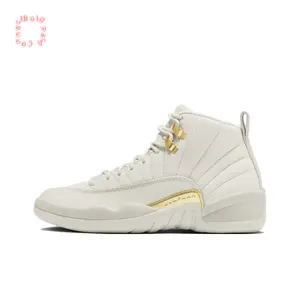 Off-White High-Top Retro Basketball Shoes with Leather Upper, Gold Metallic Accents, and Radiating Panel Lines