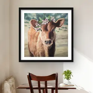 212 MAIN 24x24 in. Cute Jersey Cow Brown Framed Print Wall Artwork - Nature-Infused Artistic Photo, Decorative Artwork, Farmhouse Home Decoration, Ideal Living Room Gift