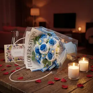 Kirifly Crochet Flower Bouquet, Blue Handmade Knitted Flowers with Gift Bag, Perfect for Mother's Day, Anniversary, Birthday, Graduation, Valentine's Day