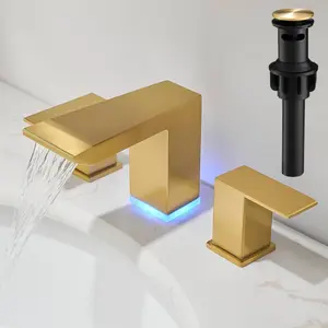 BESy Led 3 Hole Sink Faucet, Brushed Gold Waterfall Wide Spread with 3 Colors Light Changing, Widespread Faucet 2 Handle with Supply Lines