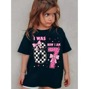 I Was 6 Now I Am 7 Girls T-Shirt, Pink Bow Leopard Print Kids Graphic Tee, Youth Girls 7th Birthday Outfit, Checkered Aesthetic Toddler Shirt, Breathable Soft Cute Kids Fashion Top for Birthday Party, Photo Shoot & Daily Wear, Girls Birthday Gift Tee