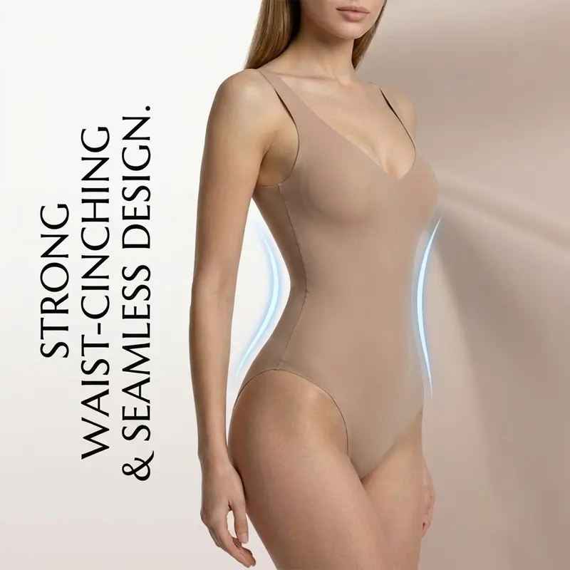 Women's Plunge Shapewear Bodysuit, Seamless Deep V-Neck Thong Body Shaper with Elastic Fabric for an Invisible Fit & Snug Support, Compression, Snap Buttons, Nylon+Spandex, Seamless Cut, Shapewear For Women, Lady, Basic, Fitted Shaping, Clothes, Sexy
