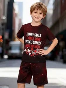 Wine Red Starry Sky Game Boys' Two-Piece Children's Set, Short Sleeve and Shorts Set, 100% Polyester Casual Loose Fit Set, Summer Fun Printed Pattern, Outdoor Sports T-Shirt Set, Youth Kits, Perfect Gift for Boys