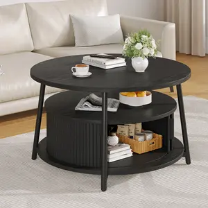 ONBRILL 31.5 Inch Round Coffee Table with Storage, Fluted Coffee Tables with 2 Tiers, Mid-Century Modern Center Table with 2 Sliding Doors and Adjustable Footpad for Living Room