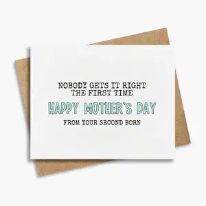 Funny Mother's Day Card with Blank Inside, "Second Born" Sarcastic Greeting Card for Mom, DIY Personalized Premium Cardstock with Kraft Envelope, Mother's Day Greeting Card, Hilarious Gift from Son or Daughter