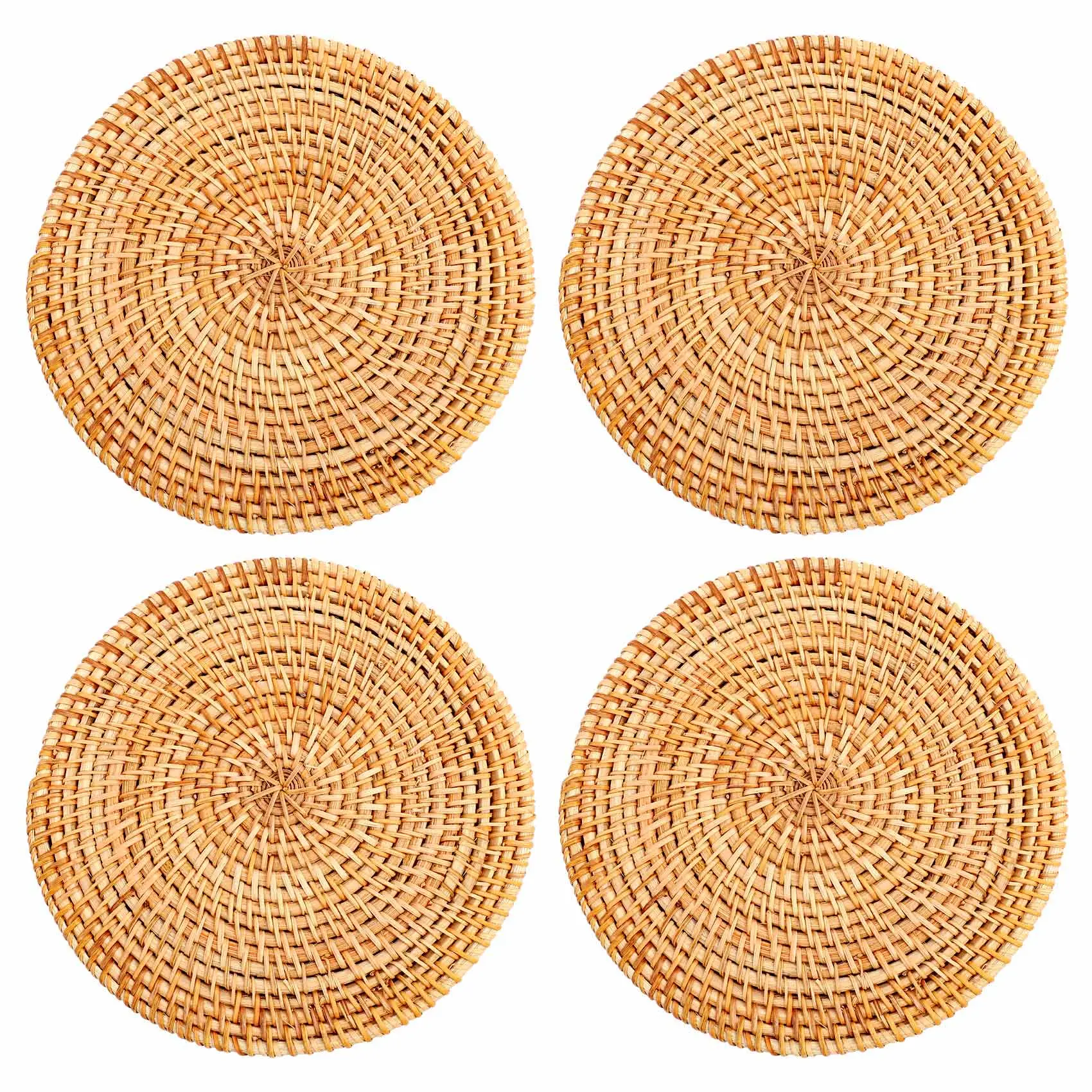 Natural Weave Woven Rattan Round Placemats & Coasters Set of 4 (18cm), Heat-Resistant, Non-Slip, Insulated Durable Tableware for Coffee-Tea, Boho Kitchen Decor Valentine Gift for Girlfriend-Dad