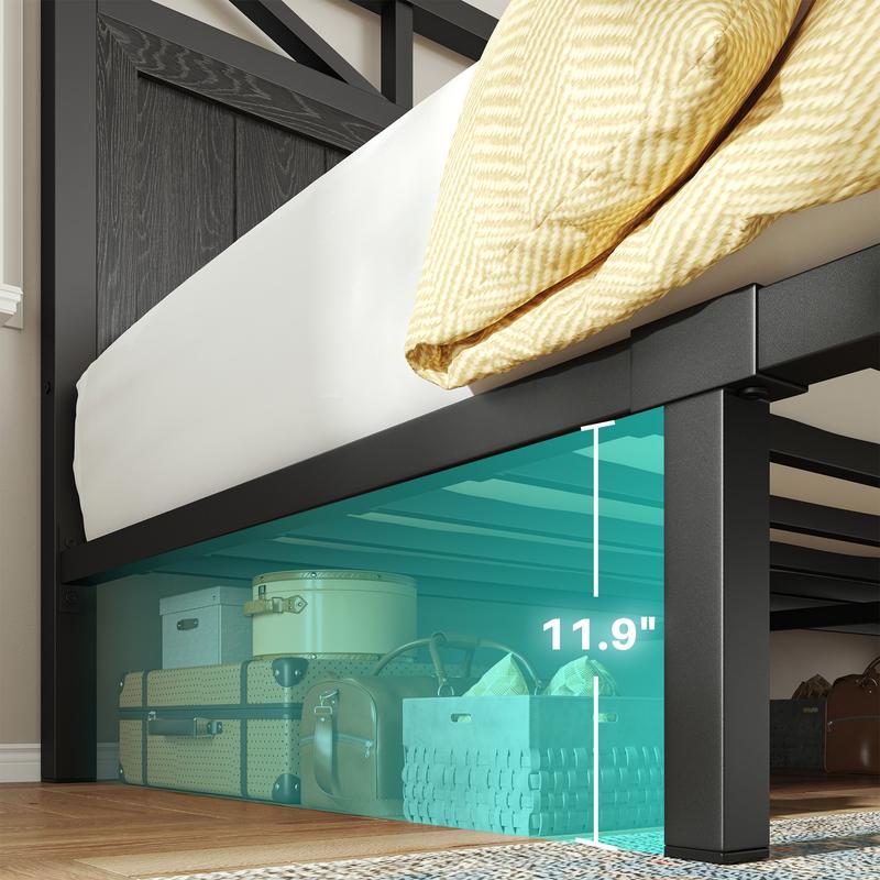 Raybee LED Bed Frame with Charging Station & 2 Drawers, No Mattress, Farm Style Full Queen King Size Bedframe with Headboard & 2 Wooden Drawers, Noise Free, Holds 900lbs, No Box Spring Needed