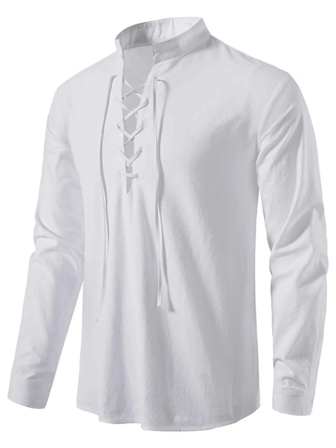 Men's Lightweight Breathable Linen Shirt, Drawstring Collar, Unique Design Minimalist Plain Long Sleeve Polo, Casual Fit for Spring & Fall menswearfashion Fitted Top Casual Apparel Casual Clothes
