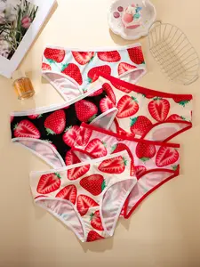 Women's Strawberry Print Cute Underwear Set, Comfortable Skin-Friendly Fitness Sports Panties, Smooth Triangle Briefs, 5 Pieces