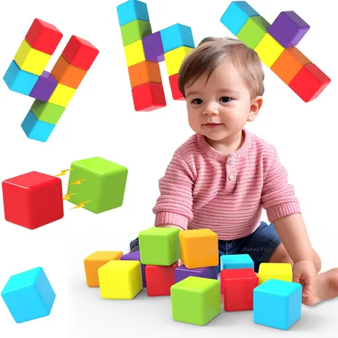 Magnetic Building Blocks - 1.65in Large Magnetic Stacking Cubes (12 PCS), Mother's Day Gift, Bath Toys with Grip-Safe Edges, Waterproof Bath-Safe Manual Sensory Montessori Toys for 1-3 Year Old Toddlers