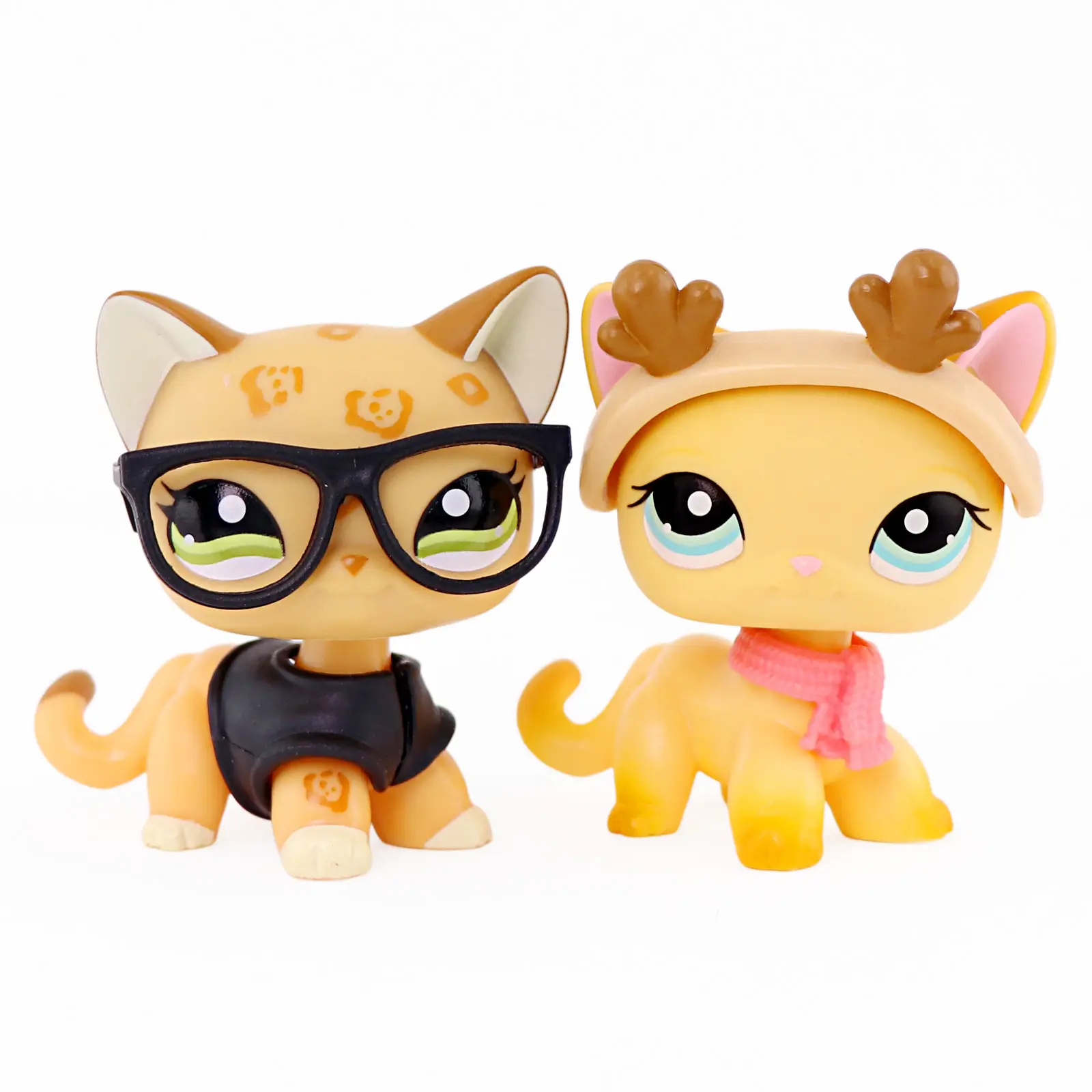 2 Pcs Mini Cat Figurines Set, Cute Cartoon Kitten Toy Figures with Glasses, Vest, Reindeer Antler Headband & Scarf Accessories, Collectible Small Animal Statues, Kids Play Toy, Cake Topper & Desktop Decor