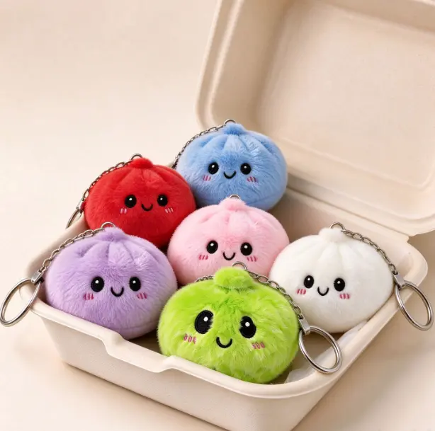 Cute Plush Bun Keychain, Soft Fluffy Stuffed Dumpling Charm with Smiley Face, Colorful Bag Pendant, Lovely Party Favor & Daily Accessory Gift