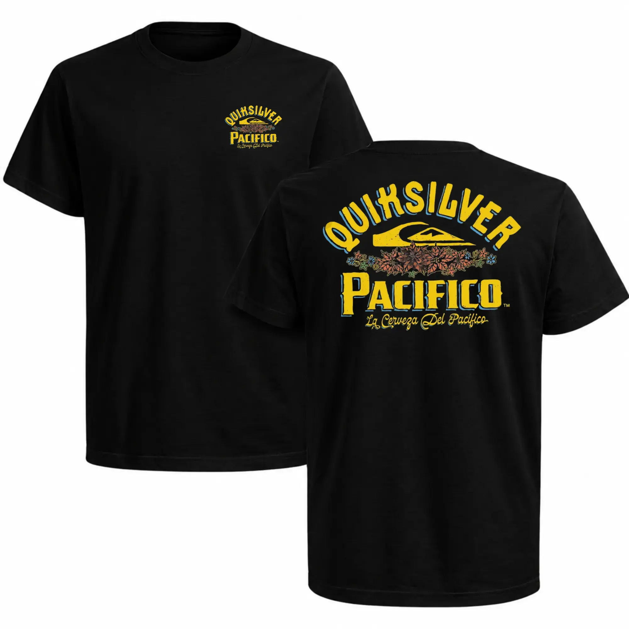 Quiksilver x Pacifico Unisex Classic Casual Short-Sleeve T-Shirt - Pacifico Beer Graphic Top, Surf Lifestyle Sports & Outdoor Shirt, Shortsleeve, Tops