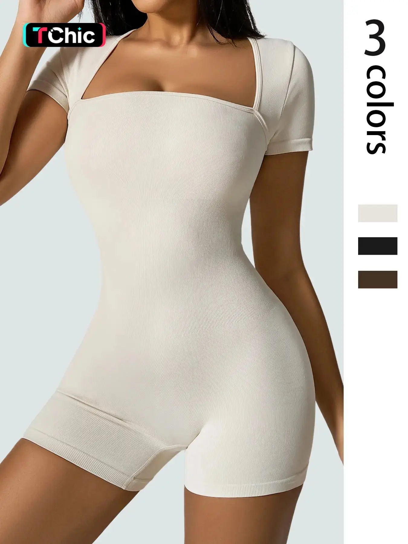 Women's Solid Square Neck Sports Romper, Casual Comfy Short Sleeve Bodycon Romper for Yoga Gym Workout Running, Ladies Summer Sportswear, Tummy Contro