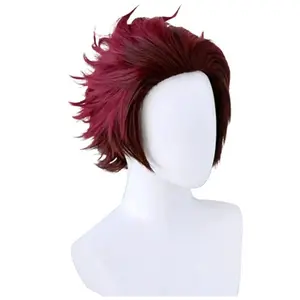 Demon Slayer series Tanjiro Kamado cosplay wig, red-brown gradient, upturned short hair, full headpiece style cosplay wig anime wig role play fake hair synthetic fiber hair easywear wig
