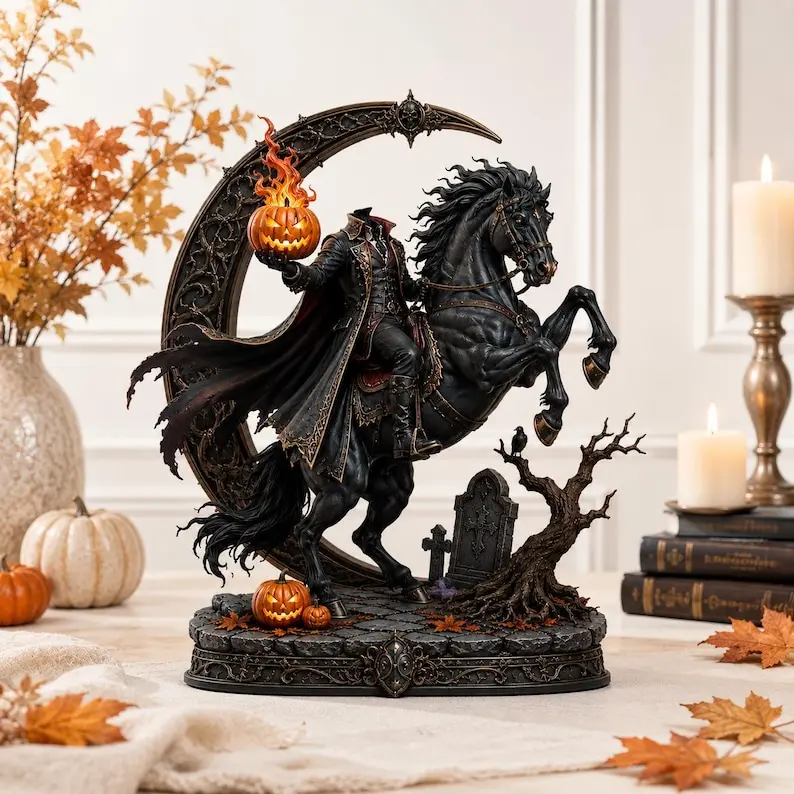 Headless Horseman 2D Halloween Decor, Gothic Horse Rider Statue, Jack O Lantern Shelf Sitter, Spooky Mantel Decor, Haunted Halloween Gift, Vintage Halloween Decor 2026, Fall Decor 2026