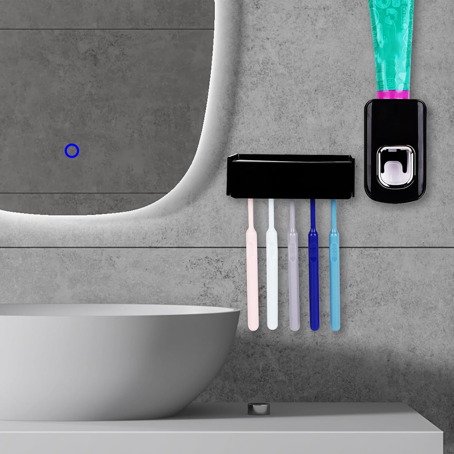5 Slots Wall Mount Toothbrush Holder with Cover Self Adhesive Storage Organizer for Shower Automatic Toothpaste Squeezer Dispenser Black Bathroom Essentials 5 Slots Wall Mount Toothbrush Holder with Cover Self Adhesive Storage Organizer for Shower Automatic Toothpaste Squeezer Dispenser Black Bathroom Essentials