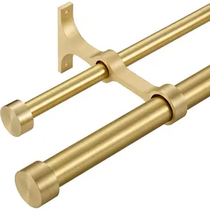 Double Curtain Rods with Aluminum End Cap and Full Surround Brackets,1-Inches Front and 5/8 Inches Back Adjustable between from 36 to 72 Inches (3-6 Feet),Brass Double Window Drapery Rod for