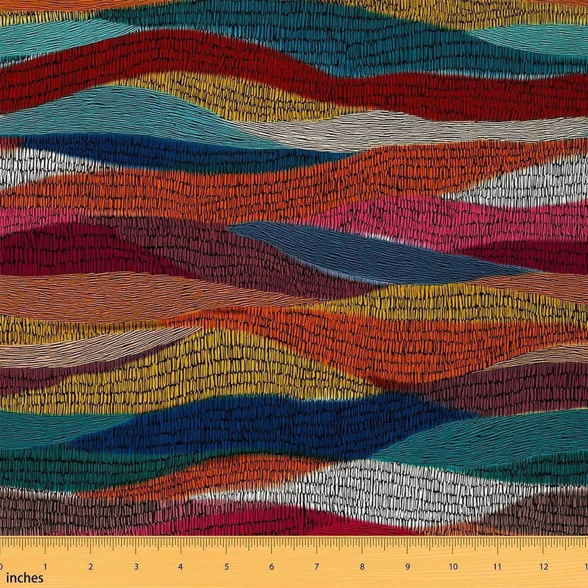 Bohemian Wavy Fabric,Rainbow Embroidered Waves Soft Flannel Polyester No Stretch Sewing,Geometric Tribal Ethnic Decor Home DIY Projects,,Waterproof