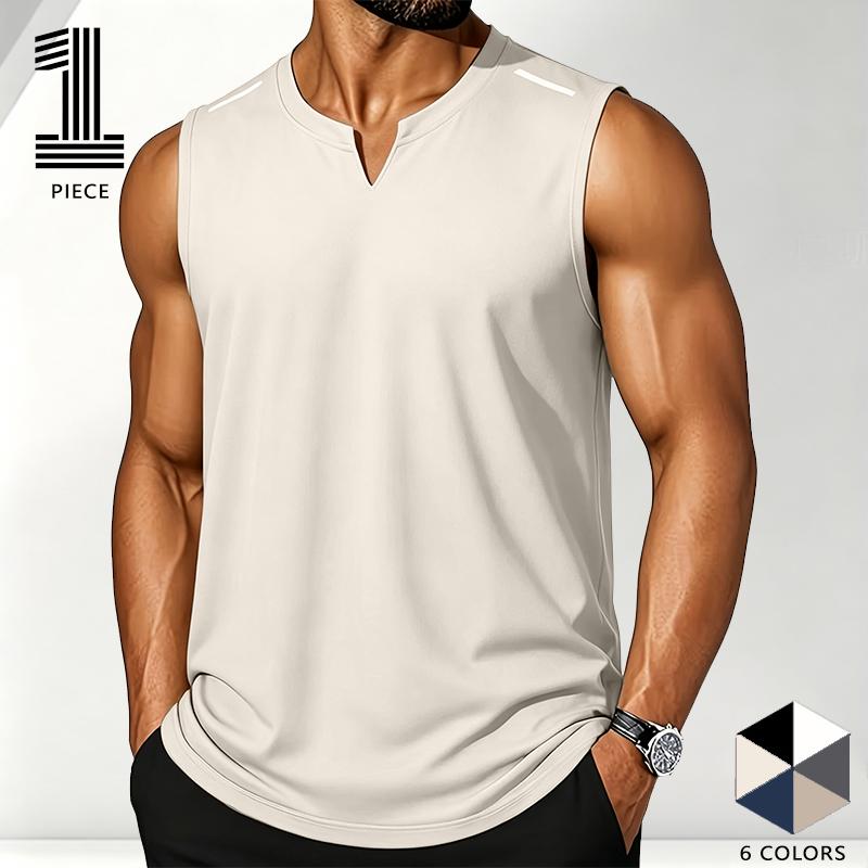 Popular European and American muscle fitness apparel: a small V-neck sleeveless sports T-shirt for men, quick-dry fitness tank top with high elasticity and reflective shoulder stripes; wearing it alone highlights muscle lines, and layering doesn’t add bul