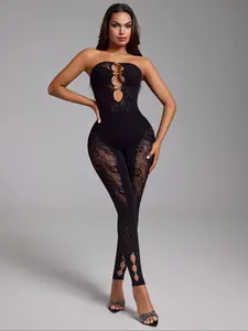 Sexy Lace Patchwork Strapless Jumpsuit for Women, Sleeveless High Waist Bodycon One-Piece, Cutout Details, Clubwear & Party Look