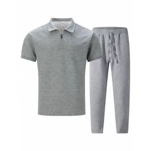 Men's 2-Piece Menswear Streetwear Set - Short-Sleeve Textured Solid Quarter-Zip Polo Shirt, Drawstring Pocket Relaxed-Fit Pants, Soft Comfort Casual Summer Urban Daily Commute Outfit, Shortsleeve