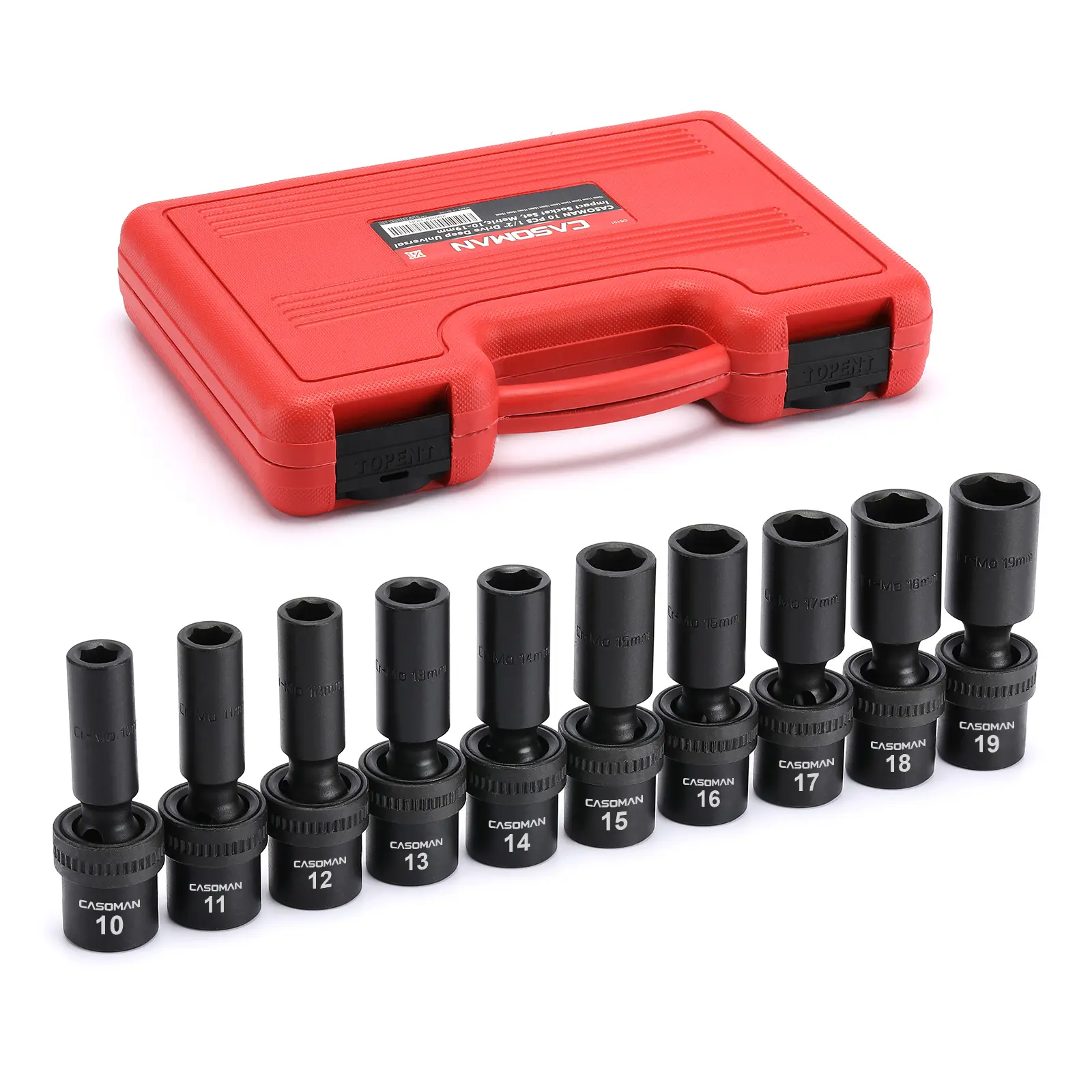 CASOMAN 10 PCS 1/2" Drive Deep Universal Swivel Socket Wrench Kit, Metric 10-19mm Mechanic Tools, Car Accessories, Tool Box Add-on