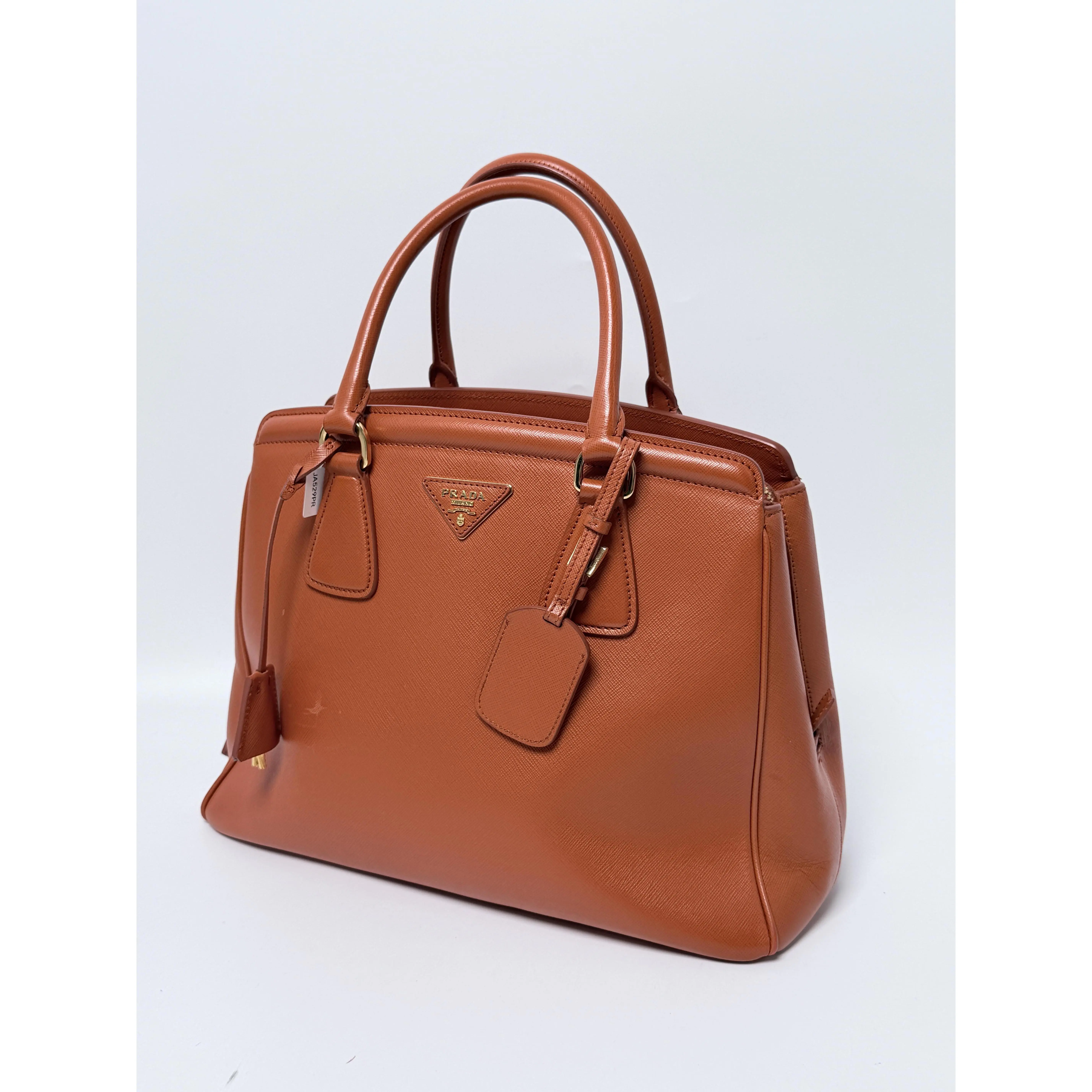 Pre-owned PRADA Leather Tote Bags Papaya Saffiano Lux Parabole Tote Bag Handle Shoulder Handbag JA529PR