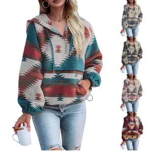 Fessceruna Womens Aztec Half Zip Up Hoodies Sweatshirt Casual Long Sleeve Oversized Ethnic Tribal Hooded Pullover Shirt Top
