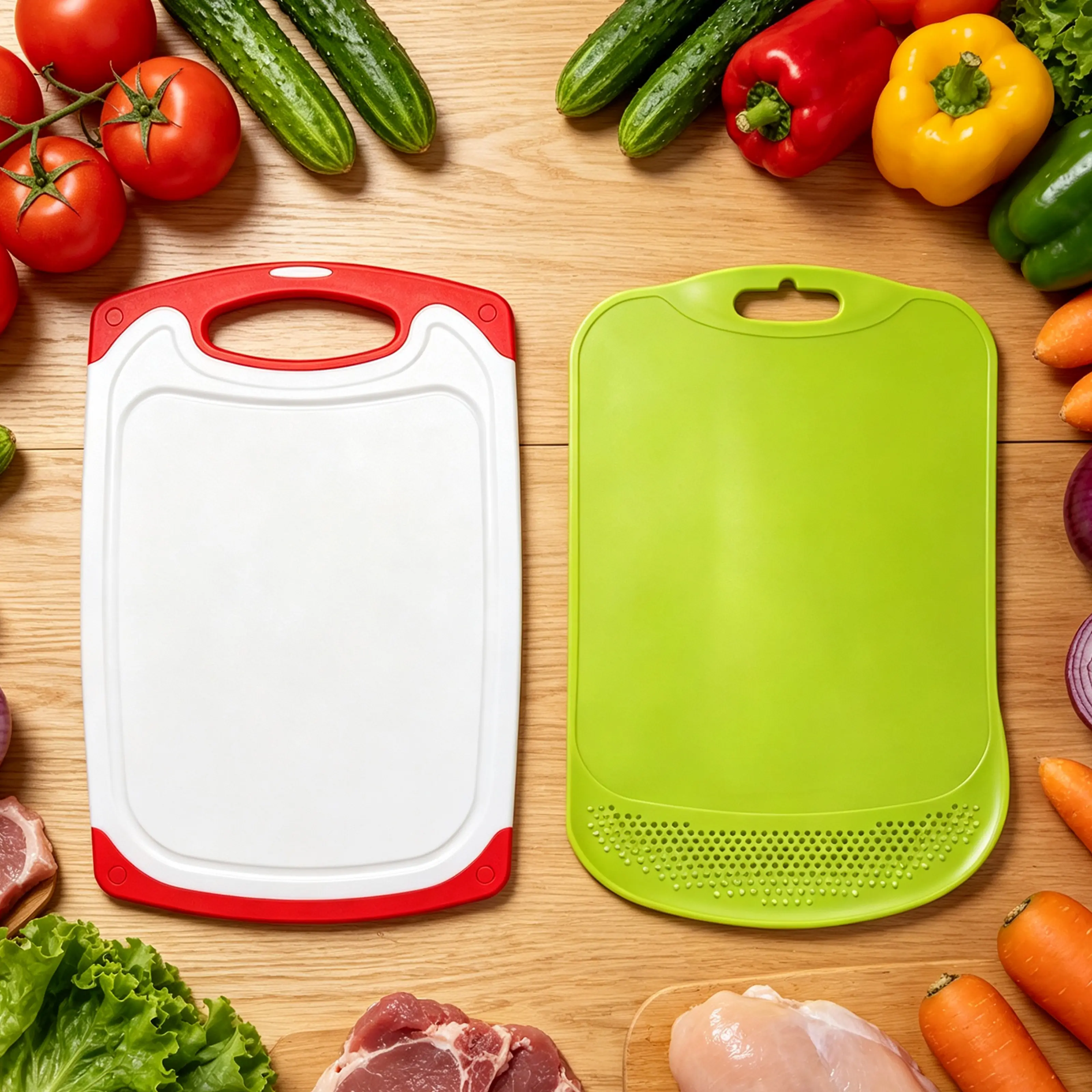 2 Pack Plastic Cutting Boards Set, 2 Styles Kitchen Chopping Boards with Hanging Hole, Juice Groove & Drain Hole Design, Non-Slip Edge Countertop Prep Boards for Vegetable Fruit Meat