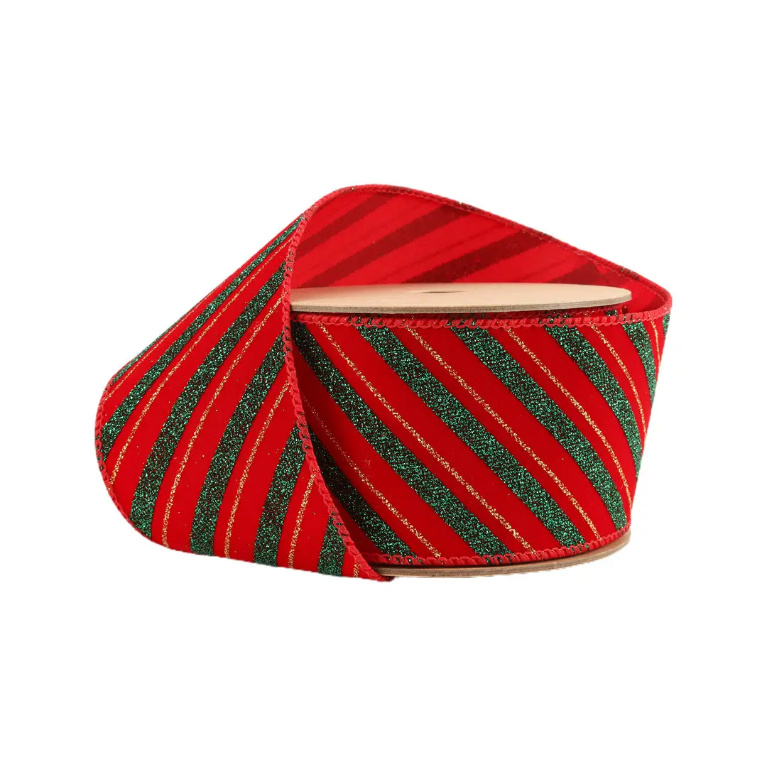 2 1/2" Wired Ribbon | Green Stripe on Red | 10 Yard Roll wreath making Christms tree decor Christms Ribbon