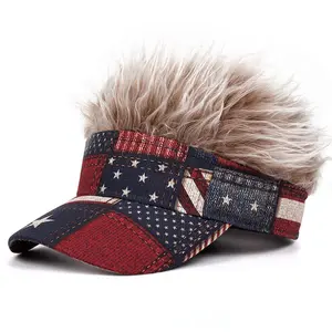 USA Vintage Star-Stripe Baseball Cap with Wig, Playful Curved-Brim Party Hat, Perfect for Baseball Fan Lovers, Friends & Family
